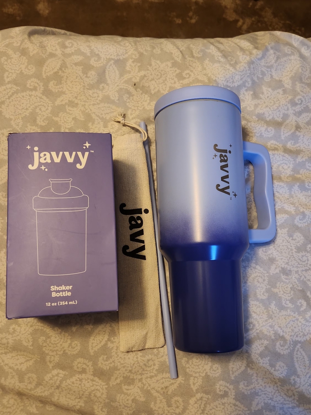 Javvy Ombre Blue Tumbler and Shaker Bottle with Stainless Steel Straws